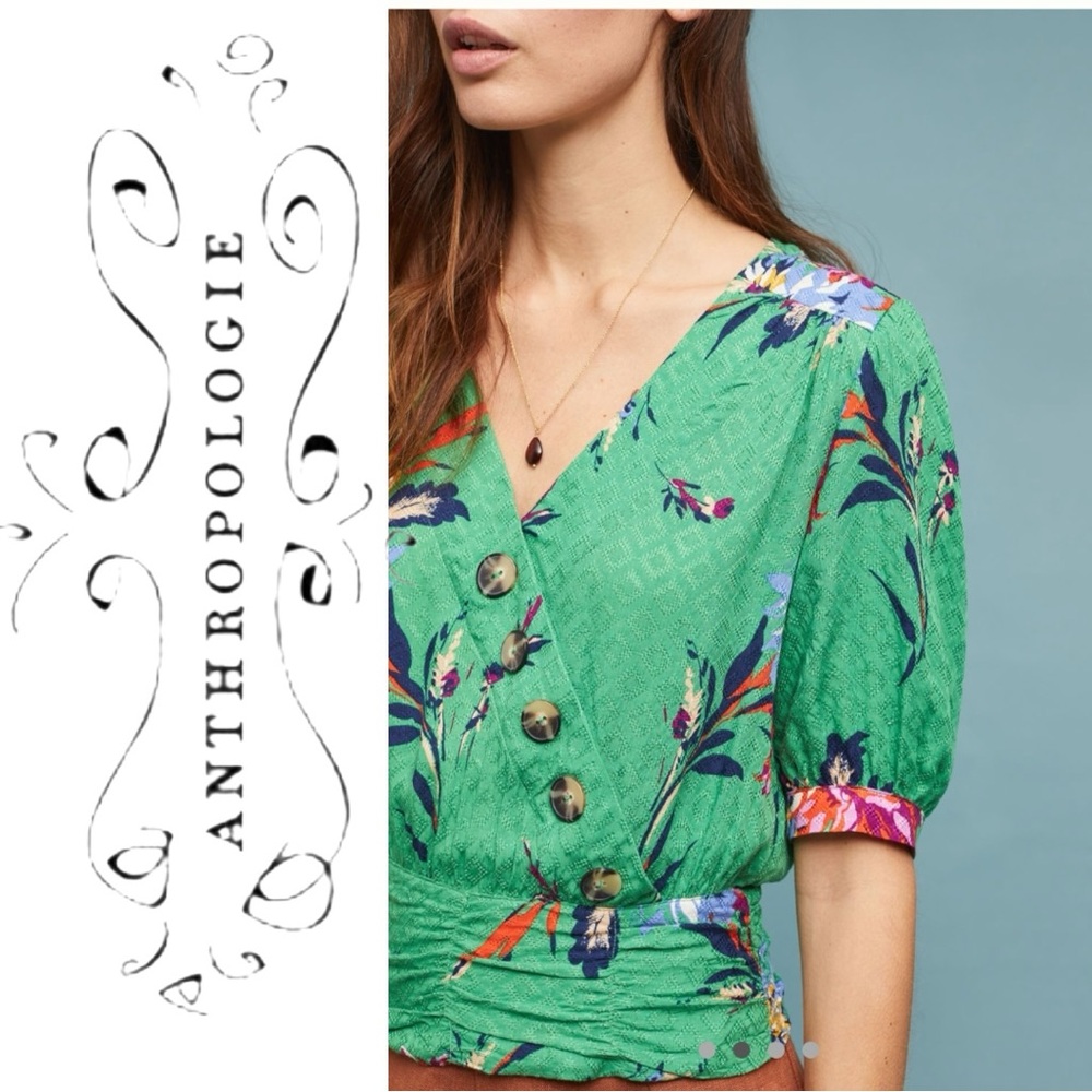 Anthropologie Green Floral V-Neck Puff Sleeve Top - Picture 2 of 13